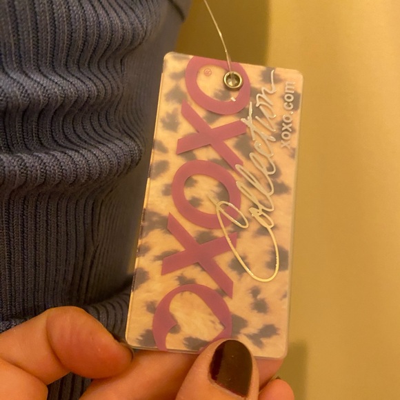 XOXO Blue Off-the-Shoulder Sweater with Rhinestone Embellishments - Picture 3 of 4